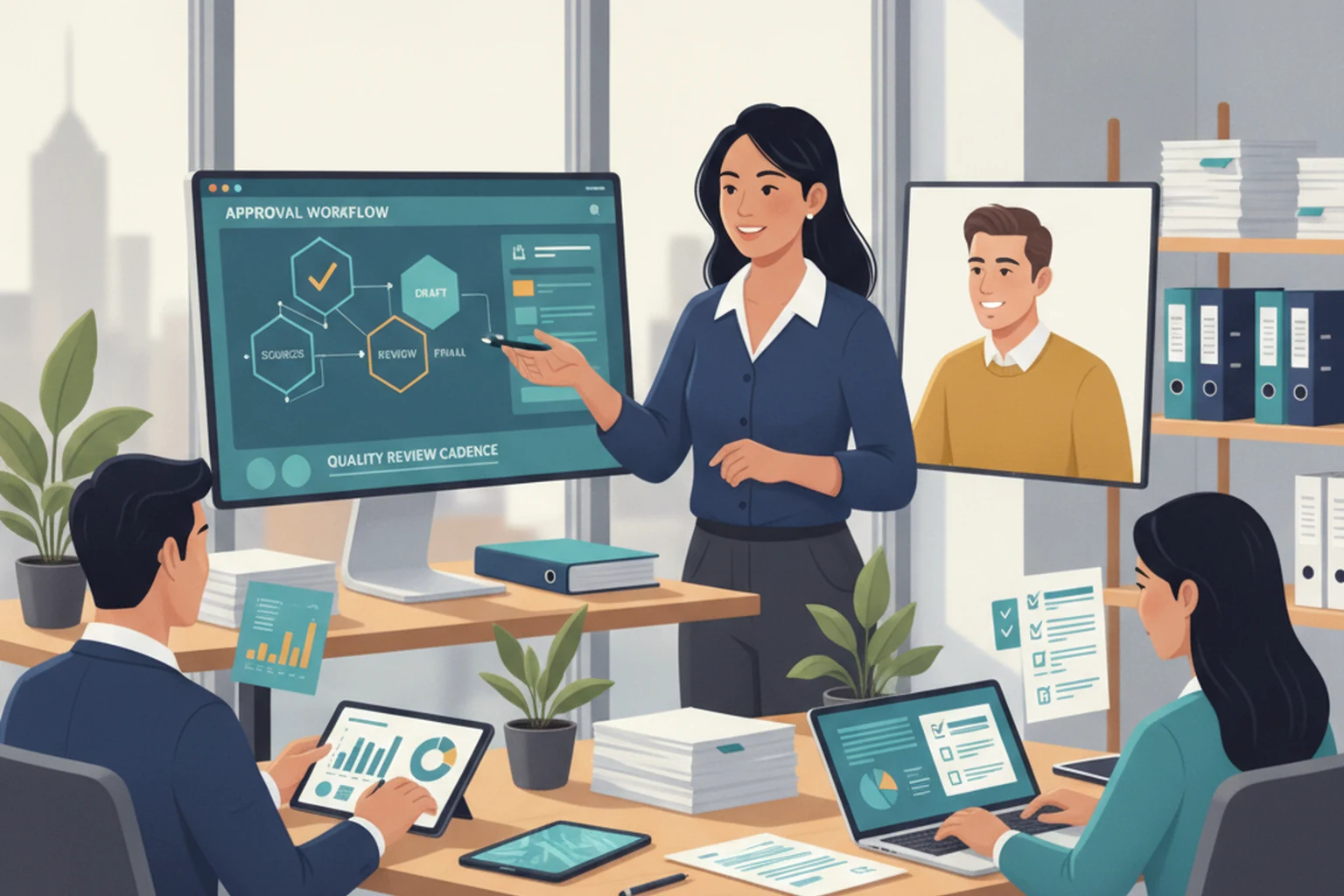 Small Business Outsourcing: Quality Review Cadence editorial illustration